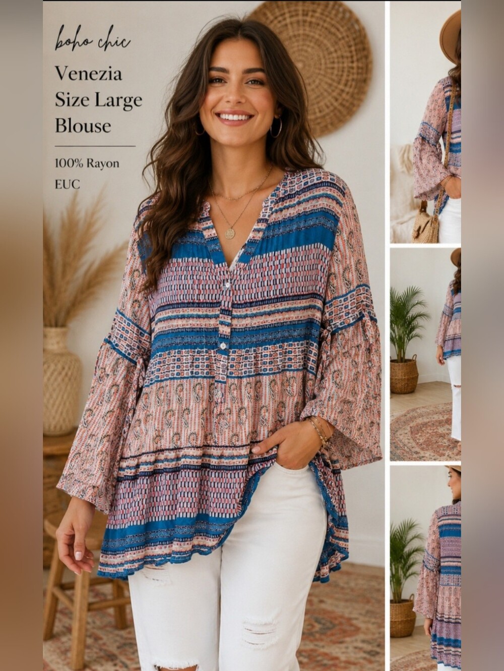 Venezia Size Large Boho Print Peasant Blouse | EUC